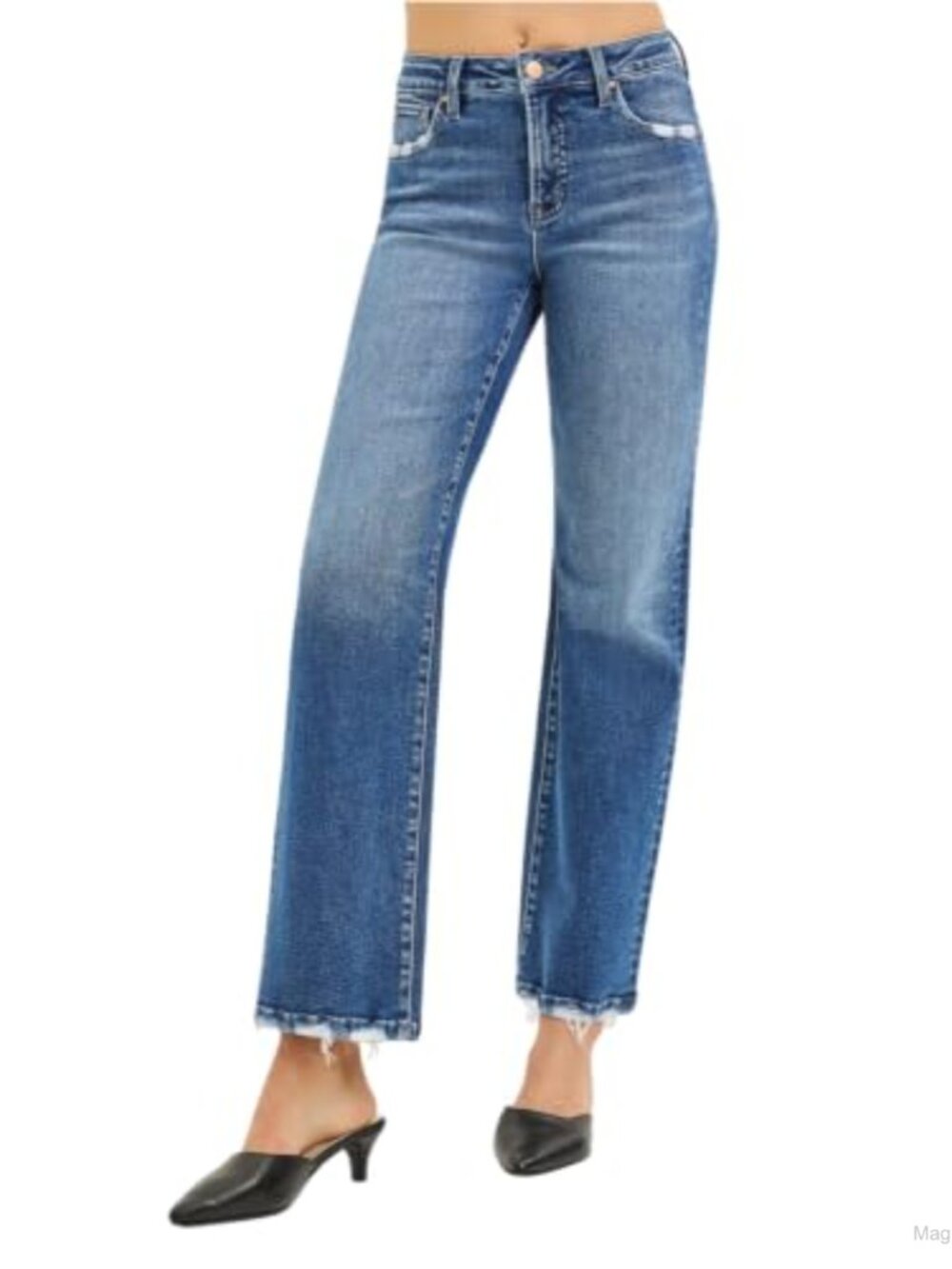 High Rise Ankle Straight Tummy Control Jeans Distressed Hem
